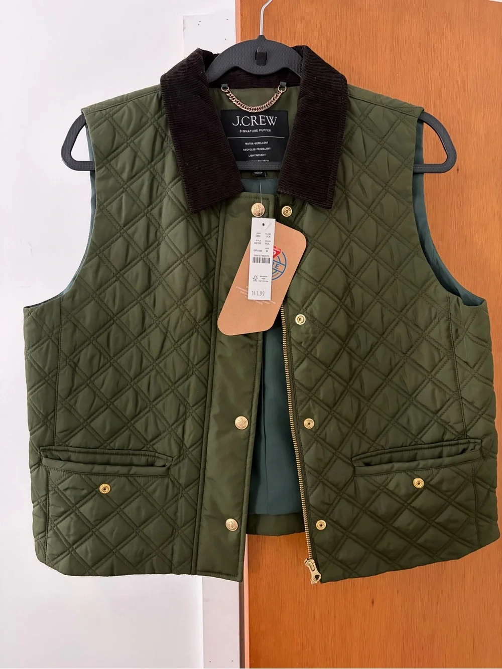 J. Crew Quilted Olive Green Vest with Dark Brown Corduroy Collar